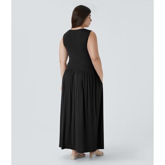 Halara Ribbed Boat Neck Asymmetric Strap Maxi Dress Black Sz Medium NEW - Picture 2 of 10